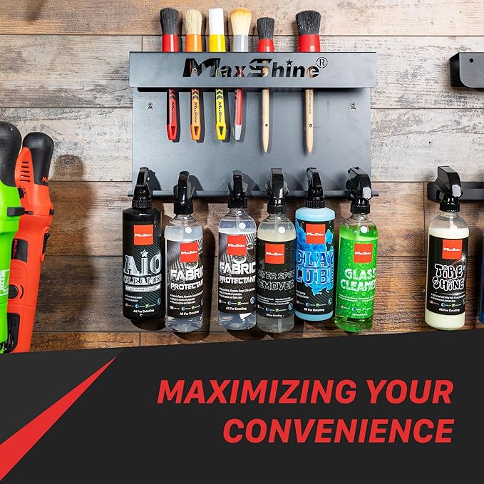 Maxshine Universal Brush & Trigger Bottle Holder (2-Pack) – Wall-Mount Organizer Holds 20 Brushes & 12 Spray Bottles – Black Powder-Coated Metal Rack for Garage, Auto Detailing Shop & Car Care Storage