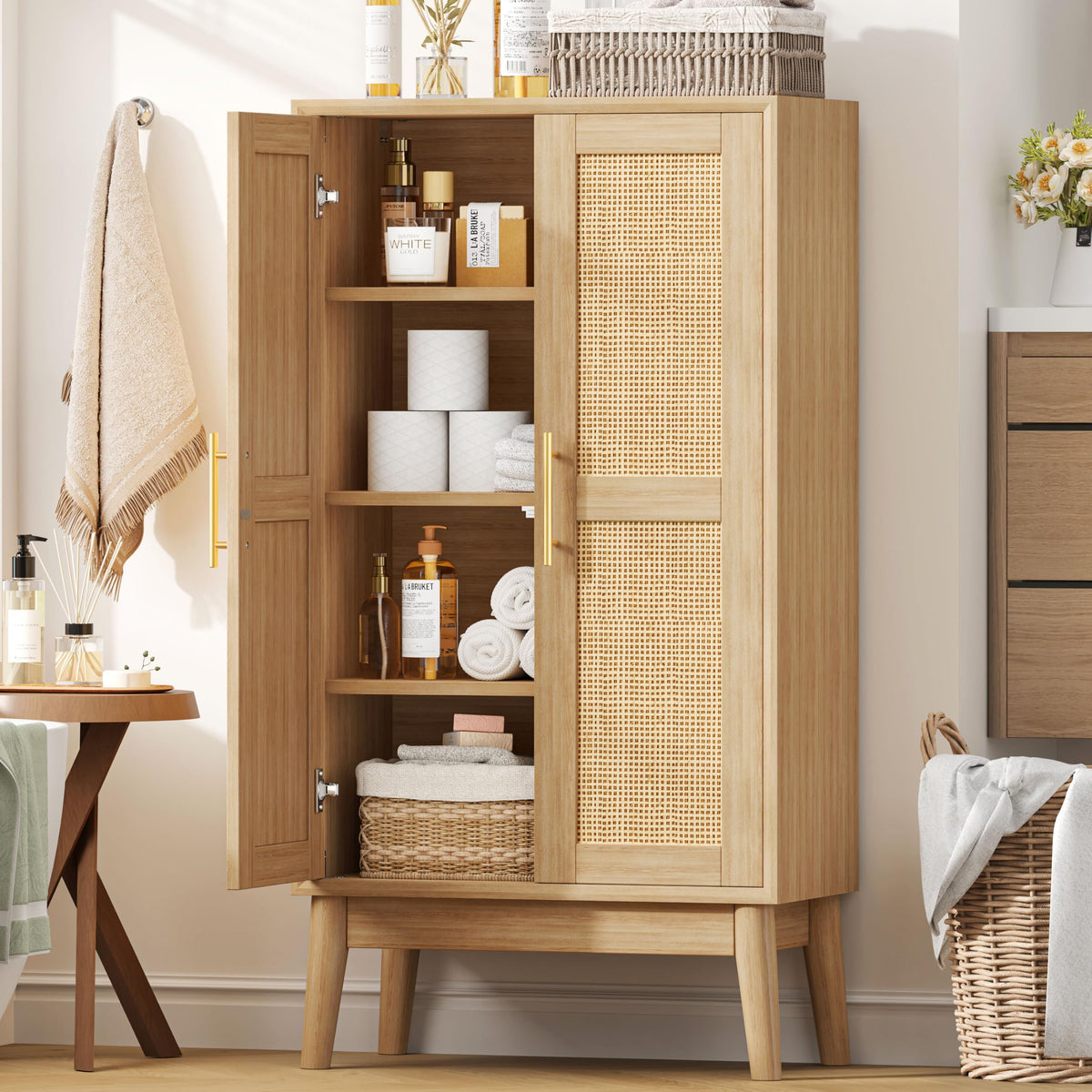 Keehusux 43" Tall Bathroom Storage Cabinet with Doors, Rattan - Image 1