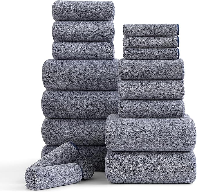 Ycosy 18 Piece Bath Towels Set,100% Microfiber Family Bathroom Towel with Hanging Loops-6 Bath Towels,6 Hand Towels,6 Washcloths,Quick Dry Highly Absorbent Shower Towel for Bathroom,Hotel,Spa-Navy