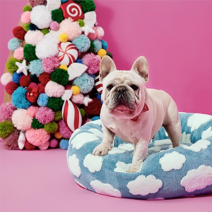 LE SURE Donut Dog Bed Medium Size Dog - Round Cat Beds for Indoor Calming Pet with Washable Cover, Cute Modern Puppy Beds with Jacquard Shaggy Plush & Anti Slip Bottom, 30 Inch, Blue