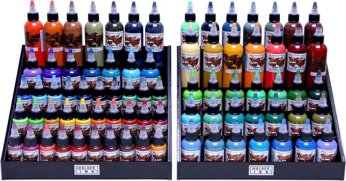 acrylic display stand organizer for tattoo inks, nail polish bottles and other beauty essentials that keeps them organized, secured and ready to use.