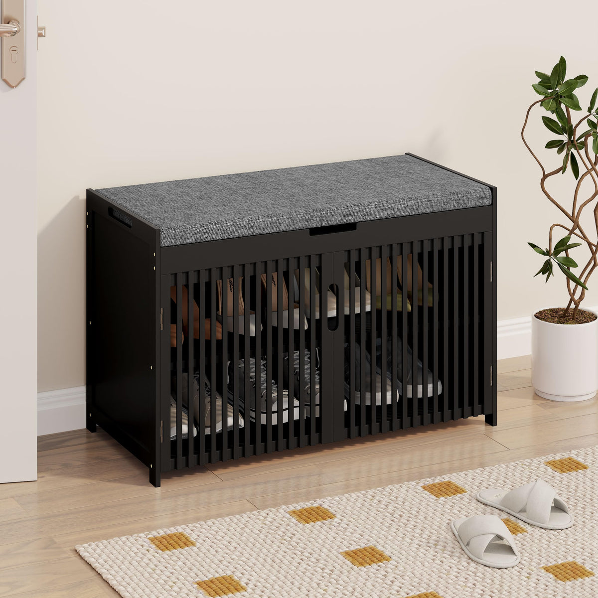 Shoe Storage Bench with Cushion, 2-Tier Bamboo Shoe Rack - Image 1
