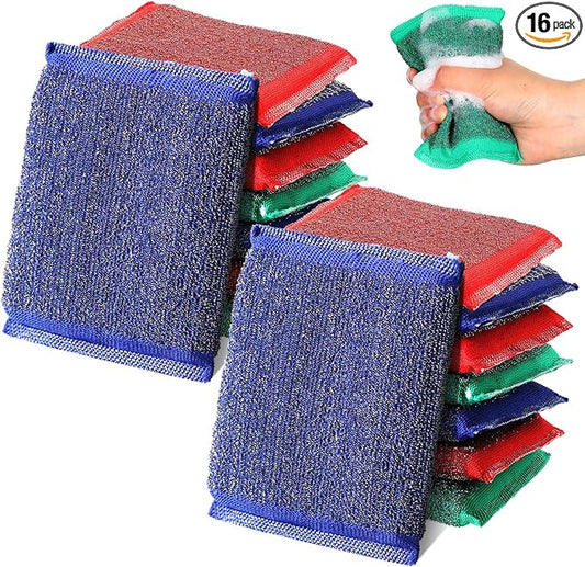Roshtia Steel Wool Scrub Sponges for Kitchen, 16 Pack Non-Scratch Dish Sponges Multipurpose Cleaning Scrubbers for Dishes, Pots, Pans and Hard Stains, Color Random