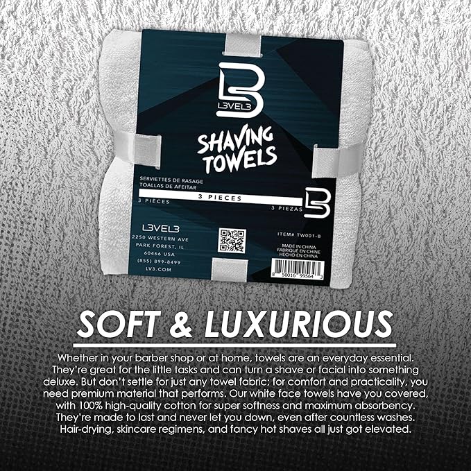 Level 3 Face Towels - Barber and Salon Hair Stylist White Cotton Cloth - Soft, Light and Absorbent