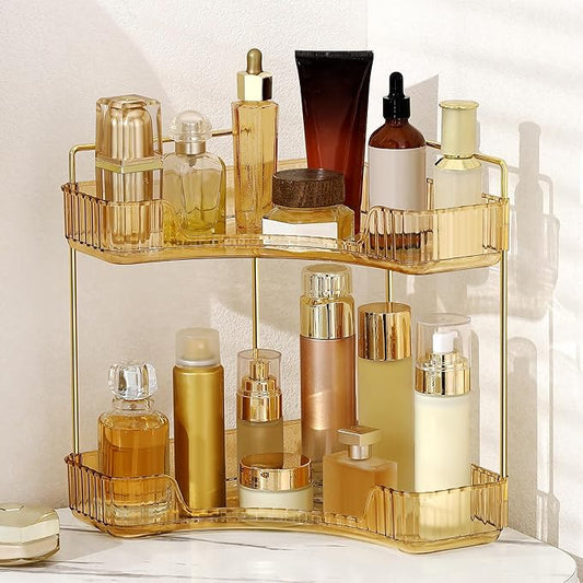 Corner Bathroom Counter Organizer Bathroom Countertop Shelf Makeup Organizer for Vanity Perfume Tray for Corner Storage (2 Tiers, Gold)