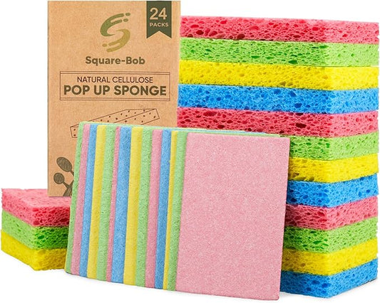 Compressed Non-Scratch Kitchen Sponges - Highly Absorbent for Dishes, Countertop, Sink, Car - Biodegradable, Quick Drying Cellulose Sponges - Assorted Colors (Pack of 24)