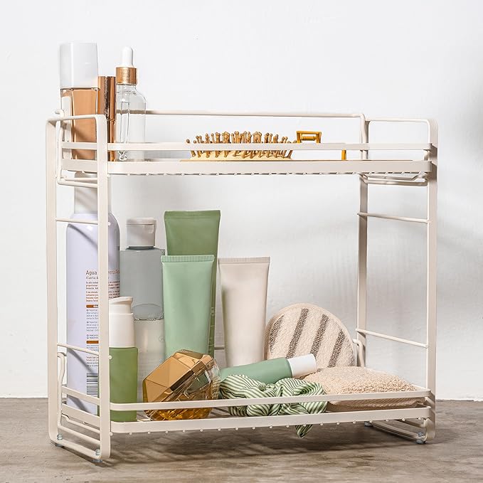 zccz 2-Tier Bathroom and Kitchen Organizer - Skincare Storage - Easy Assembly Countertop Rack - White Cream Color Multi-Purpose Holder for Bathroom or Kitchen Essentials - Compact and Durable Design