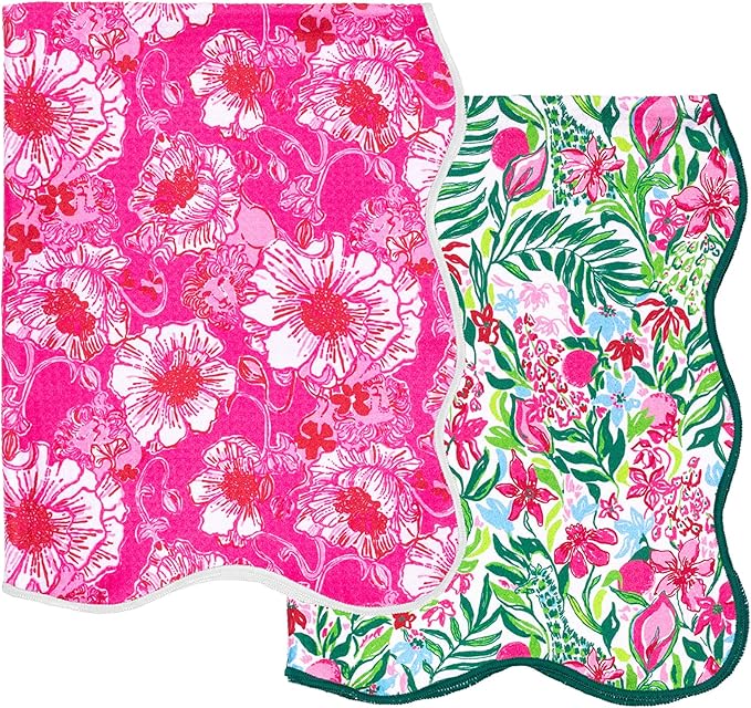 Lilly Pulitzer Microfiber Tea Towel Set of 2, Decorative Cloth with Hanging Loop and Scalloped Edge (Feeling Poppy/Glowing Gardens)