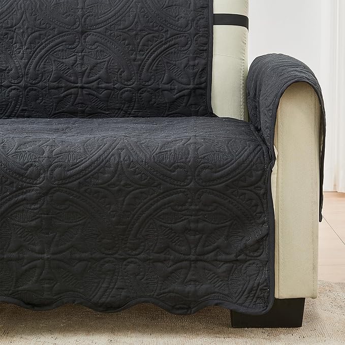 Great Bay Home Reversible Chair Cover - Washable Slipcover Furniture Protector with Elastic Straps - Furniture Cover for Dogs, Kids, and Pets - Quilted & Stitched Detail (Chair, Black/Taupe)