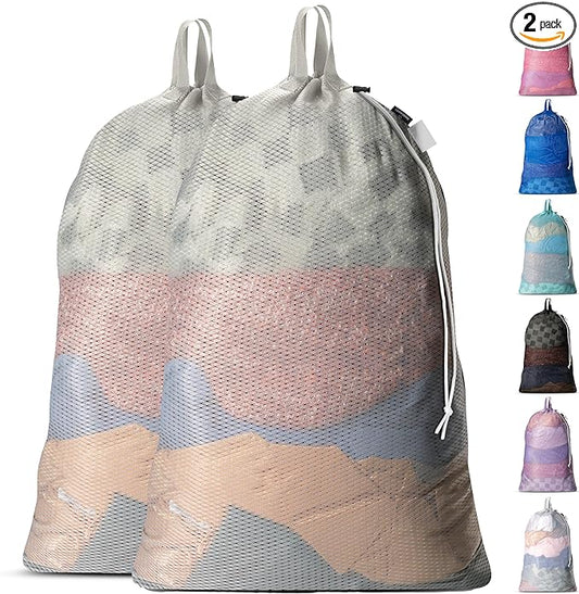 Large Mesh Laundry Bags - 2-Pack Heavy Duty with Handles & Drawstring - Machine Washable Net Laundry Sacks for College Dorm, Camp, Travel, Bedding & Clothes Storage (Grey)