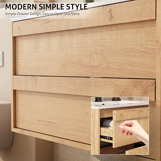 eclife 30" Floating Bathroom Vanity Sink Combo, Wall Mounted Modern Minimalist Storage Cabinet with 2 Drawers, Exclude Sink, Faucet & Drain, Natrual