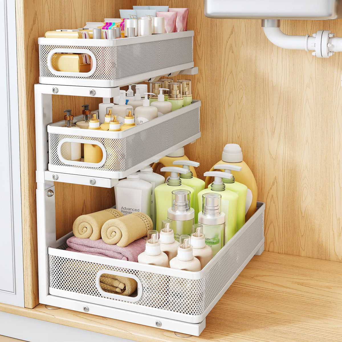 Under Sink Organizer, 3-Tier Thickened Metal Pull out - Image 1