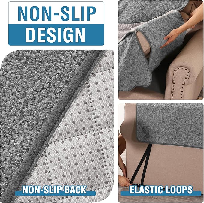 H.VERSAILTEX Waterproof Quilted Couch Covers Non Slip Sofa Covers Protector Slipcovers for Dogs Couch Covers for 2 Cushion Couch Sofa Pet Furniture Protector Modern Fleece Fabric (Loveseat,Grey)