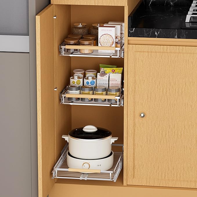 SANNO Expandable Pull Out Kitchen Cabinet Organizers and Storage, Cabinet Sliding Shelf Under Sink Shelf, Dish Drying Rack with Stainless Steel Utensil Holder Large Dish Rack Drainer