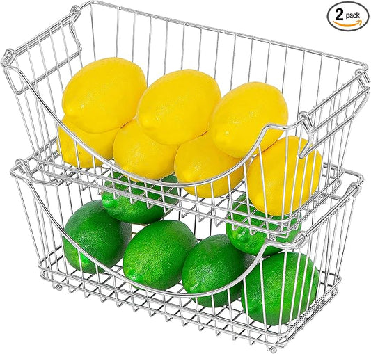 Smart Design Stacking Baskets Organizer w/ Handle - Medium - Steel - for Food, Fruit, & Vegetable Safe - Kitchen (12.63 x 5.5 Inch) [Chrome] (2 Pack)