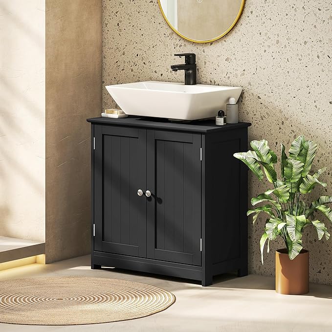kleankin 23.5" Pedestal Sink Storage Cabinet, Freestanding Bathroom Under Sink Cabinet with U-Shape Cut-Out and Adjustable Shelf, Black