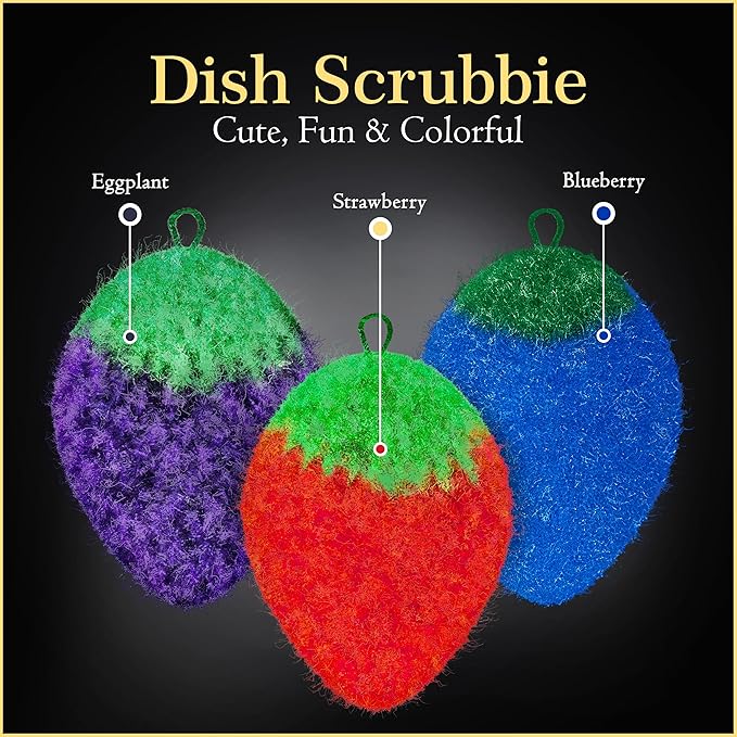 Fun Dish Scrubber by Dish Scrubbie (3PK Mix) - Fruit Shaped Kitchen Sponge Washing Dishes - Reusable Sponges for Scrubbing, Cleaning, Dishwashing - No Odor Sponges Kitchen Scrubbers
