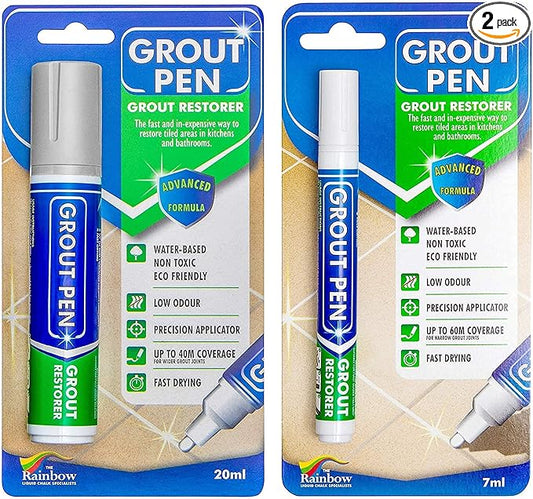 Grout Pen Tile Paint Marker: Waterproof Grout Colorant and Sealer Pen to Renew, Repair, and Refresh Tile Grout - Cleaner Coating Stain Pens - 2 Pack, 15mm Wide Light Grey and 5mm Narrow White Tip