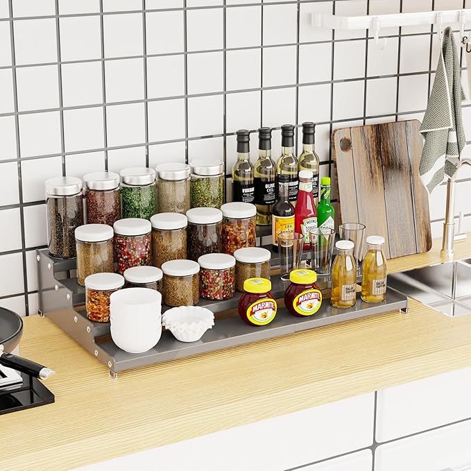 Expandable 4-Tier Step Spice Rack Organizer for Kitchen Cabinet Modern Design and Non Skid Space Saving Storage Shelf for Countertop Cabinets Pantry (1Pack/Gun-Grey)