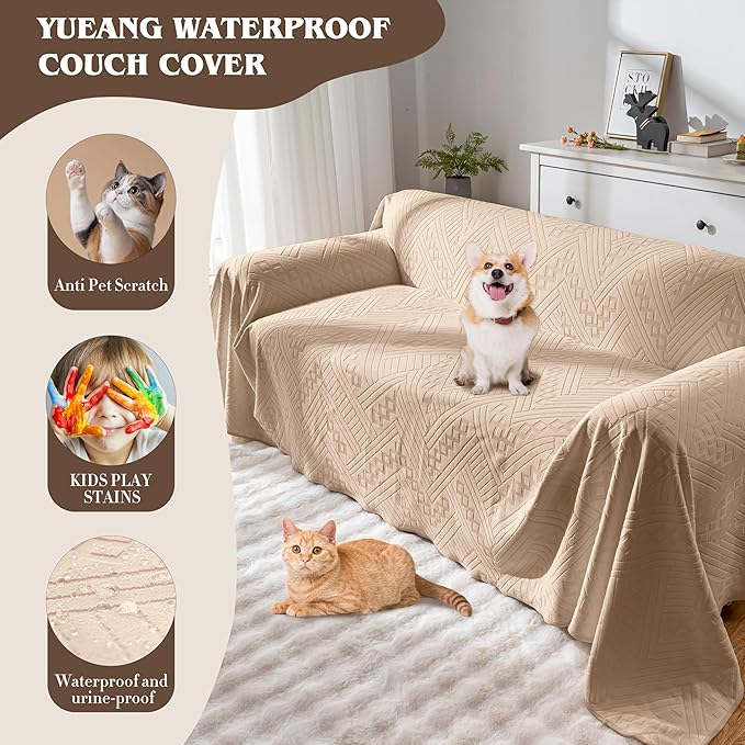 Waterproof Couch Cover for Dogs, Reversible Anti-Scratch Sofa Slipcover, Pet-Friendly and Anti-Slip Sofa Covers Washable with 3 Cushions (71×134in/Khaki)