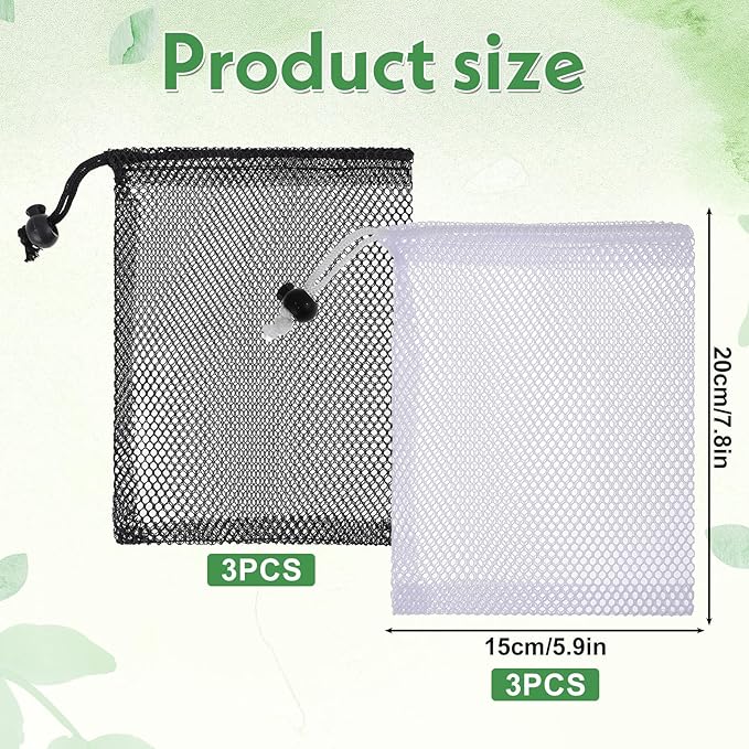 6 Pcs Mesh Bags with Drawstring, 7.87 x 5.9 Inch Small Mesh Bags Storage Bag with Cord Lock Black Mini Meshes Bag for Fruits, Candy, Cosmetics, Golf Stuff Balls