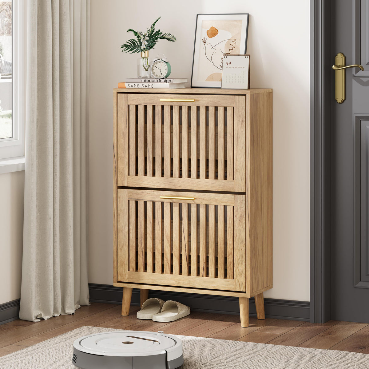 Shoe Storage Cabinet with Louvered 2 Flip Drawers, Narrow Shoe - Image 1