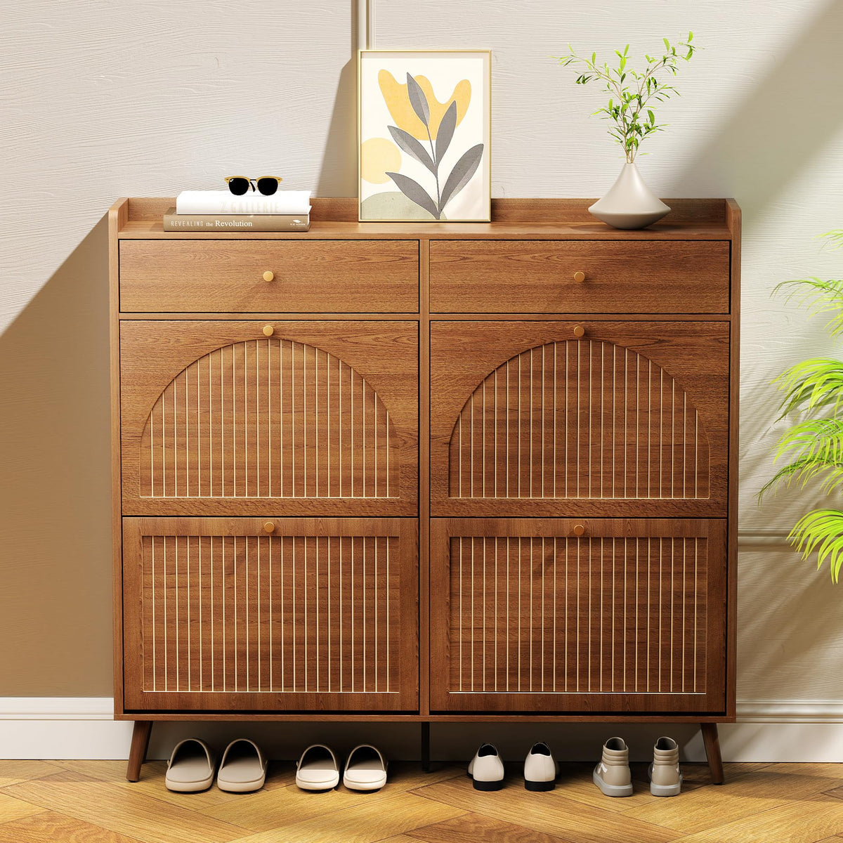 Shoe Storage Cabinet for Entryway with 6 Flip Drawers, Walnut - Image 1
