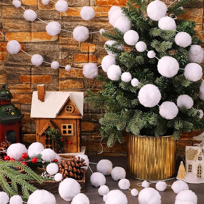 Tegeme 36 Pcs Winter Snowball Garland 6.5 Feet White Pom Pom String Garland Winter Party Wonderland Decoration Snow Ball Hanging Banner White Snowball Decor for Ceiling Tree Holiday Party Wall Home