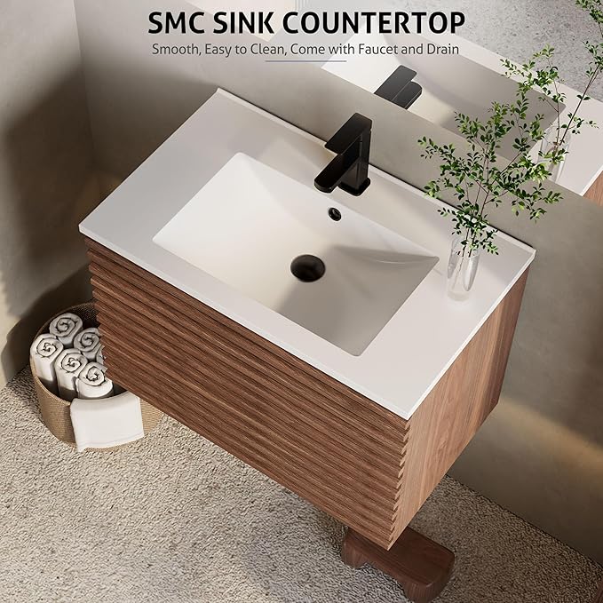 eclife 30" Floating Bathroom Vanity with Sink Combo Mid-Century Wall Mounted Cabinet with Wood Stripes Decor, Drawers, Undermount Sink, Faucet, Drain, Cocoa Brown