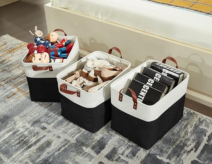 DECOMOMO Extra Large Storage Baskets, Fabric Storage Bins with Handles for Organizing Shelves, Toys, Nursery, Laundry (Black & White, 3pcs)
