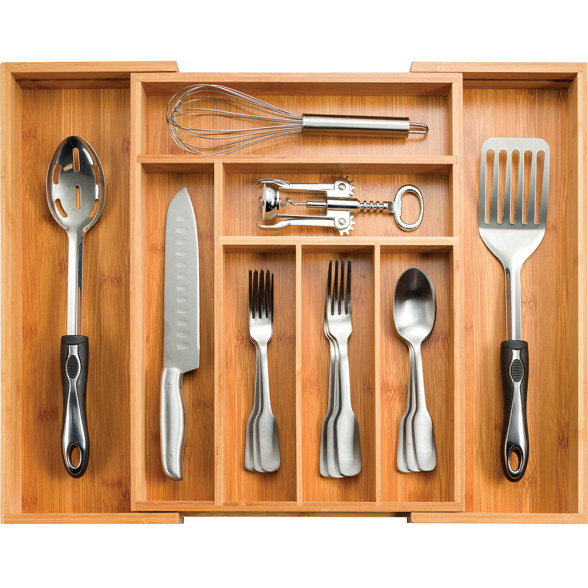Bamboo Drawer Organizer - 8 Compartment Expandable Silverware - Image 1