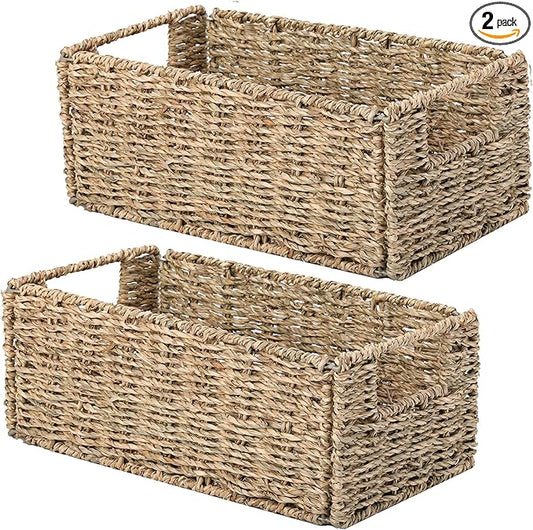 Vagusicc Wicker Storage Basket, Set of 2 Hand-Woven Storage Baskets for Organizing, Small Wicker Basket for Toilet Paper, Foldable Large Cube Storage Organizer Basket Bins for Shelves (Sea Grass)