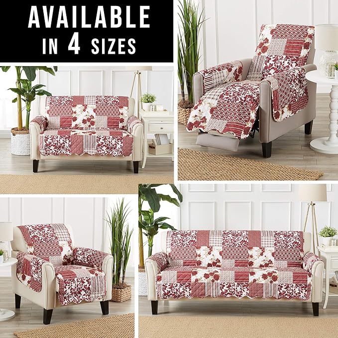Great Bay Home Reversible Patchwork Loveseat Cover - Washable Slipcover Furniture Protector with Elastic Straps - Couch Cover for Dogs, Kids, and Pets - Box-Stitched Detail (Loveseat, Burgundy)