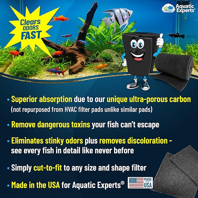 Aquarium Carbon Pad – Cut‑to‑Fit Carbon Infused Filter Pad Media for Crystal Clear Fish Tanks and Ponds, 3/8"–1/2" Thick (10.5 Inch Width, 72 Inch Long)