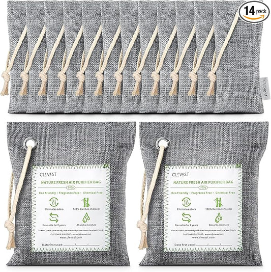 CLEVAST 14 Pack Activated Bamboo Charcoal Air Purifying Bags(2x200g, 12x50g), Natural Fresh Odor Absorber, Deodorizer and Moisture Eliminator, Air Purifier Bags for Home