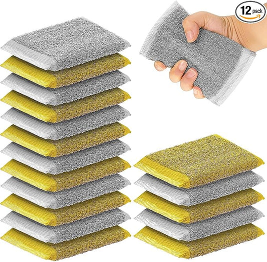 Thyle 12 Pack Steel Scrub Sponges for Dishes Non Scratch Scouring Sponge Multi Use Metal Scrubber Heavy Duty Dish Wash Kitchen Sponge for Pot Dish Washing Hard Surface Cleaning Tools (Gray,Yellow)
