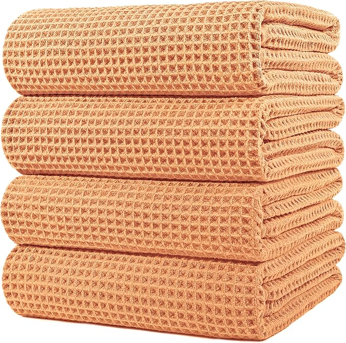 POLYTE 430 GSM Microfiber Oversize Quick Dry Lint Free Bath Towel, 60 x 30 in, 4 Pack (Waffle Weave)