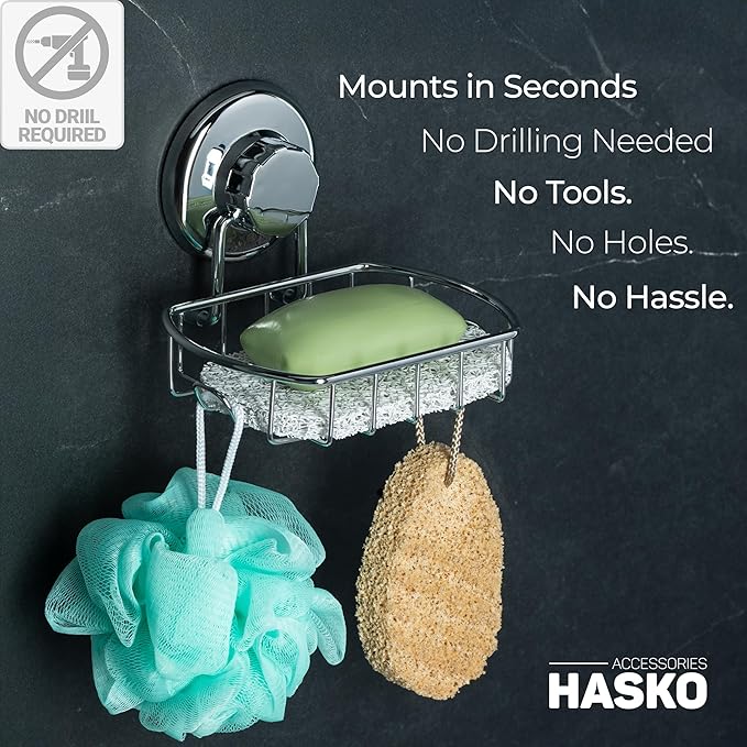 HASKO 2-Pack Suction Cup Soap Holder – Bar Soap Dish for Shower with Hooks for Bathroom – Optional Mounting with Adhesive Tape or Glue – Includes 2 Soap Savers – Polished Stainless Steel SS304