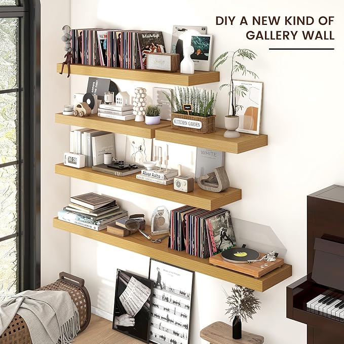 Floating Shelves for Wall, 72 Inch Wide x 12 Inch Deep Floating Shelves, Long Wood Floating Wall Shelf Shelves for Living Room Bathroom Bedroom Kitchen Home - (Oak, 72" W x 12" D x 2" H)