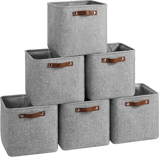 Cube Storage Baskets 6 Pack, 11x11 inch Cube Storage Bins with Leather Handles for Shelf Closet (Gray)