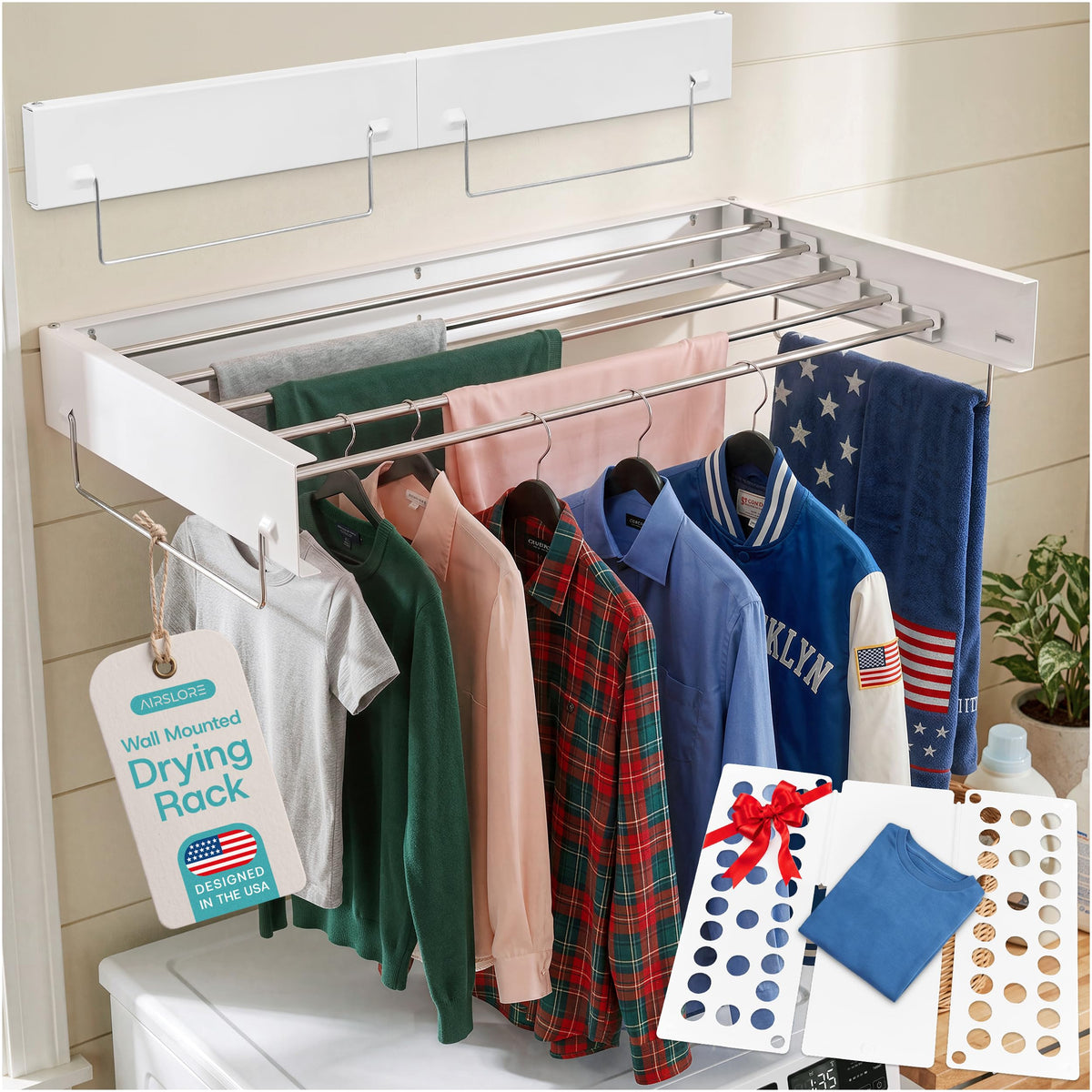 31.5 Inch 5-Rod Foldable Wall Drying Rack, Stainless Steel, White - Image 1
