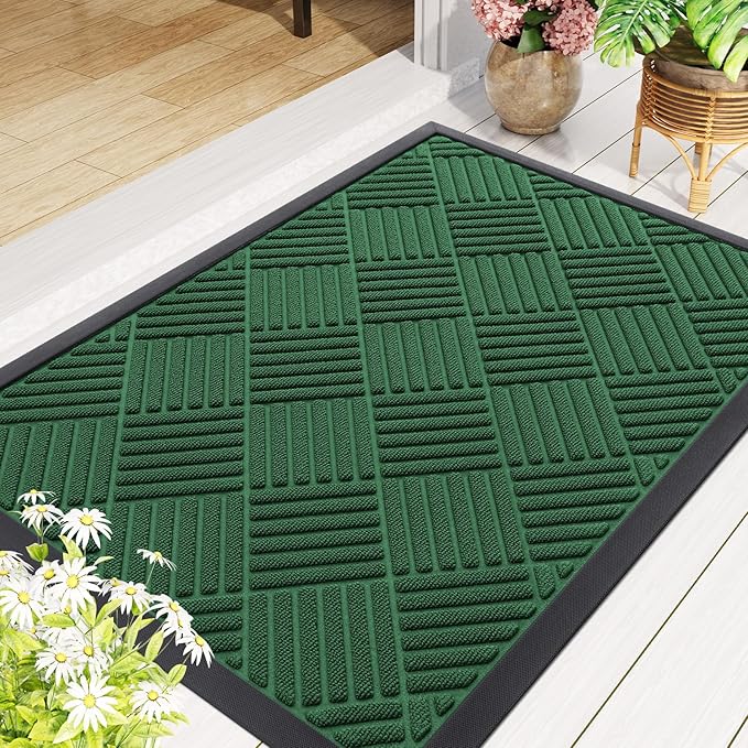 Smiry Front Door Mat Outside Entrance, Heavy Duty Outdoor Indoor Natural Rubber Doormat, Non Slip, Trap Dirt and Moisture, Easy Clean, Low Profile Patio Porch Entryway Mat, 71x47, Green