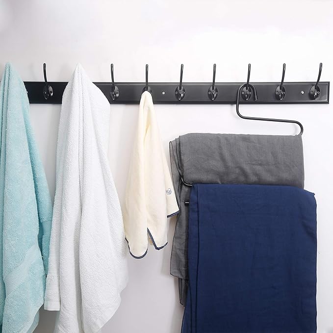 Dseap Coat Rack Wall Mounted: 10-Hooks, 38-1/4" Long, 16" Hole to Hole, Wood Coat Hooks Wall Mounted, Hook Rack, Hook Rail, Hooks for Hanging Coats, Black