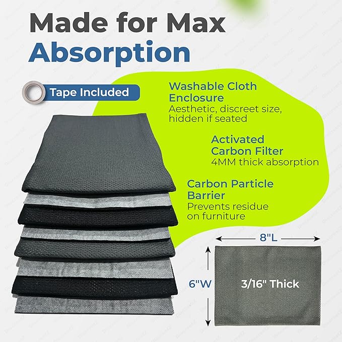 FreshSeatRx 4-Discreet Odor Removal Seat Pads. Orthopedic Seat Cushion Pads Prevent Gassy Seat & Room Air Odors. Use Home, Office, Car, Flight, Any Seating. Activated Charcoal & Carbon Gas Pad FS-4
