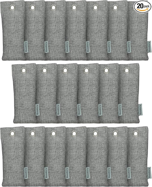 Activated Charcoal Bags Air Purifying 20 Pack, Bamboo Charcoal Odor Absorber for Shoes Closet Drawer Car, 50g Gray, Natural Odor Neutralizer, Moisture Absorber, Reusable up to 2 Years