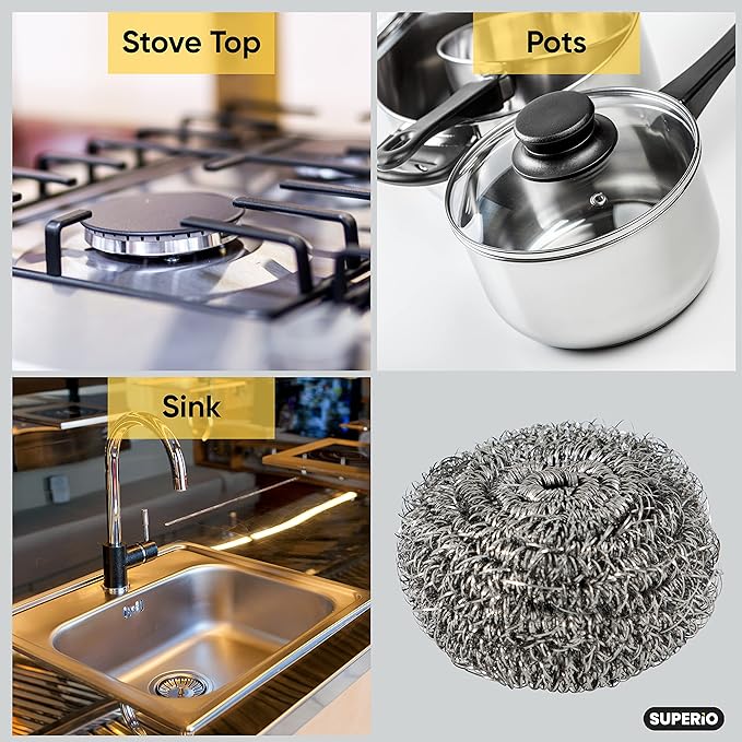 Superio Stainless Steel Scourers Steel Wool Scrubber Pad Used for Dishes, Pots, Pans, Grill, Stoves, and Ovens, Easy scouring for Tough Kitchen Cleaning (3)