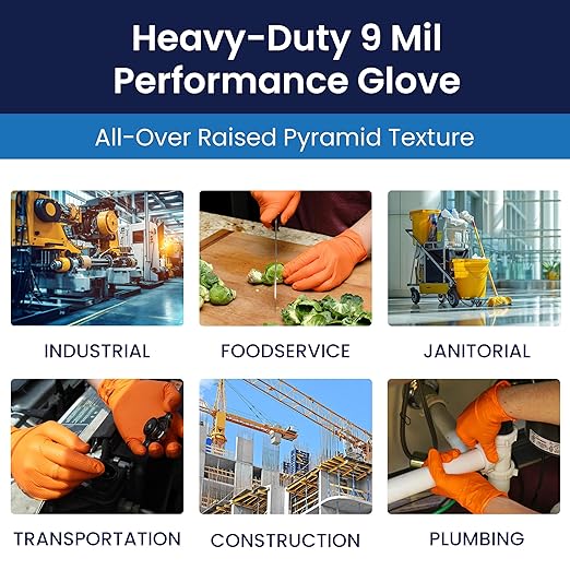 Adenna ProWorks CATCH Disposable Nitrile Gloves – 9 Mil, Heavy Duty Work Rubber Glove with Raised Pyramid Grip, Non–Latex & Powder Free, Pack of 100, Large, Orange