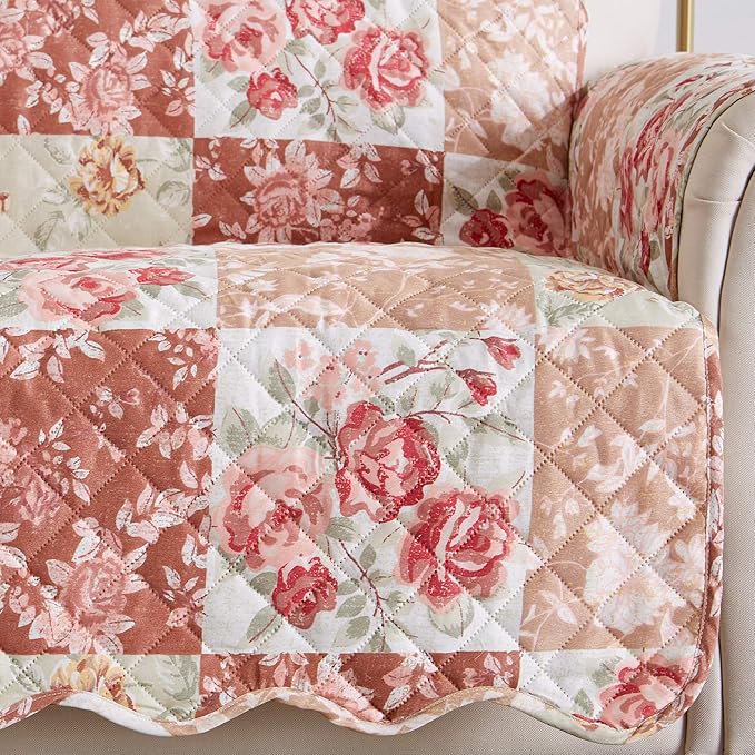 Great Bay Home Reversible Floral Patchwork Furniture Protector - Machine Washable, Scalloped Edge, Stain Resistant, Printed Furniture Cover for Dogs, Kids, and Pets (Sofa, Burgundy/Taupe)