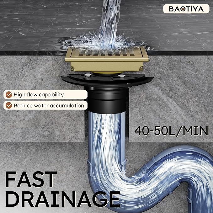 6 Inch Square Gold Shower Drain with Flange,Modern Floor Drain with Quadrato Pattern Grate Removable,SUS 304 Stainless Steel