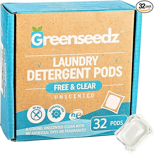 Laundry Detergent Pods Free & Clear, Unscented, 32 Count, Eco Friendly, Biodegradable, HE Compatible, 32 Count, Powerful Stain & Odor Removal